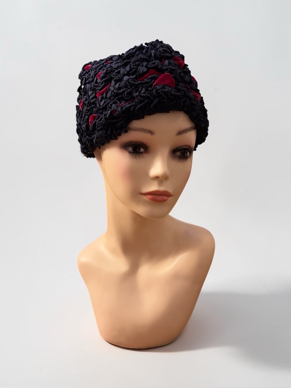 Vintage RARE Cloche Hat Black Knit & Red Velvet Ribbon Accents Peeking Through